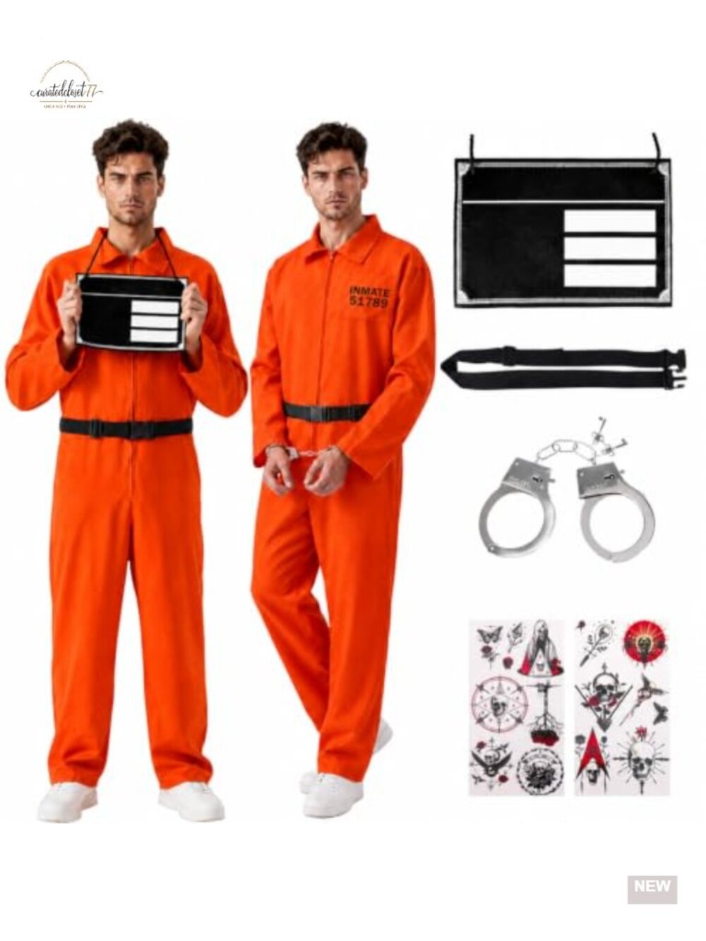 Men's Prisoner Inmate Costume 6-Piece Set Jumpsuit Belt Handcuffs Halloween